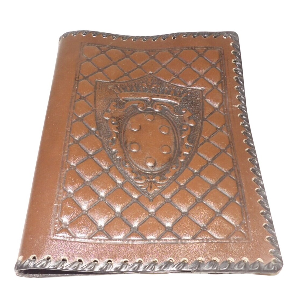 Vintage Italian Tooled Leather Book Cover Brown Crest Fleur-de-lis Whipstitch